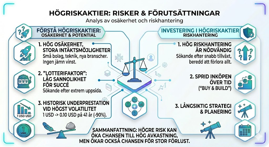 En infografik med titeln ”HÖGRISKAKTIER: RISKER & FÖRUTSÄTTNINGAR” som jämför osäkerhet och potential mot riskhantering. Innehåller punkter om lotterifaktorn, historisk underprestation vid hög volatilitet och vikten av en långsiktig strategi.