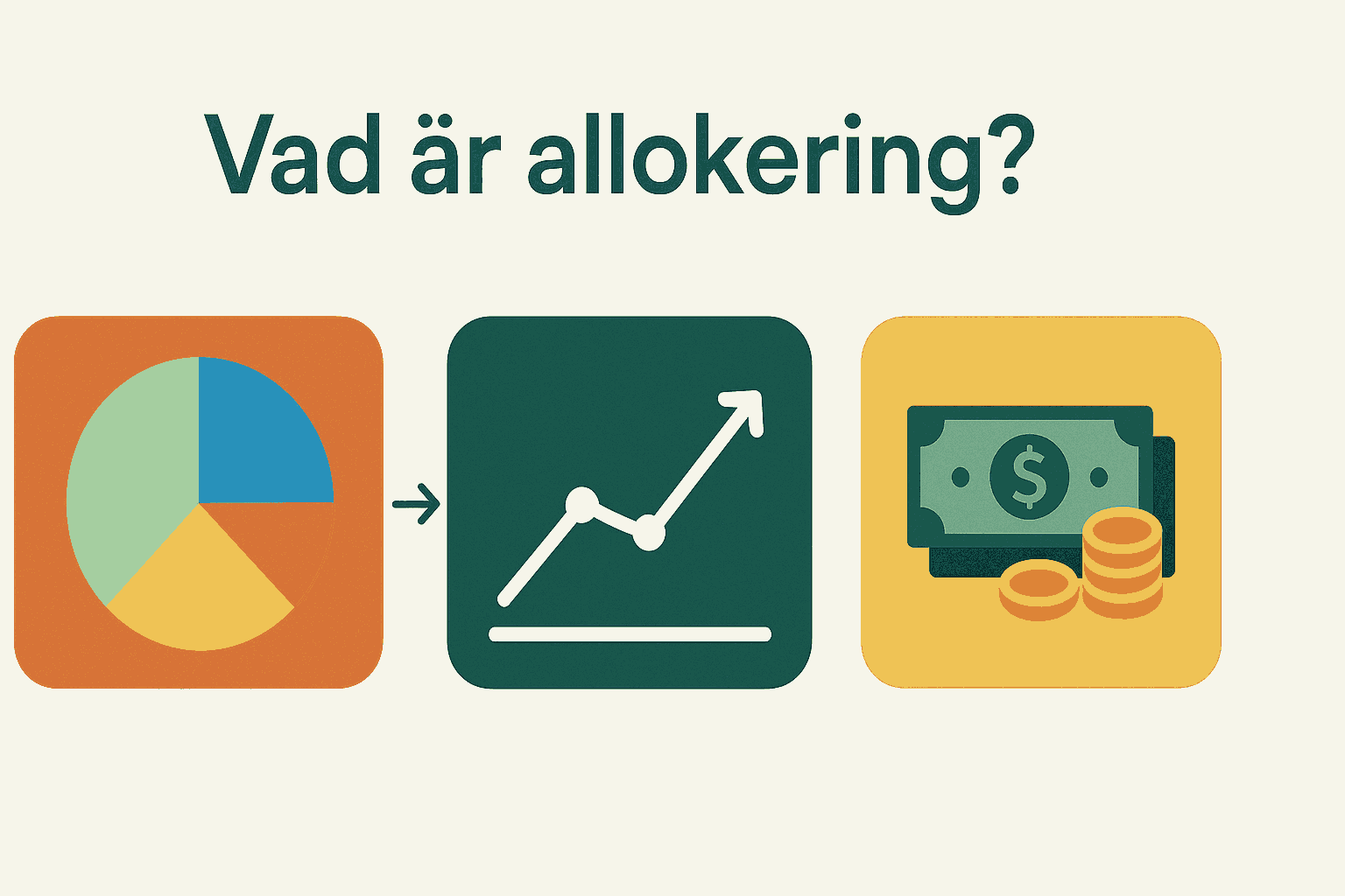 En infographic med texten "Vad är allokering?" och tre symboler: ett cirkeldiagram, en stigande graf och pengar med mynt – som visar hur resurser fördelas för bättre avkastning.