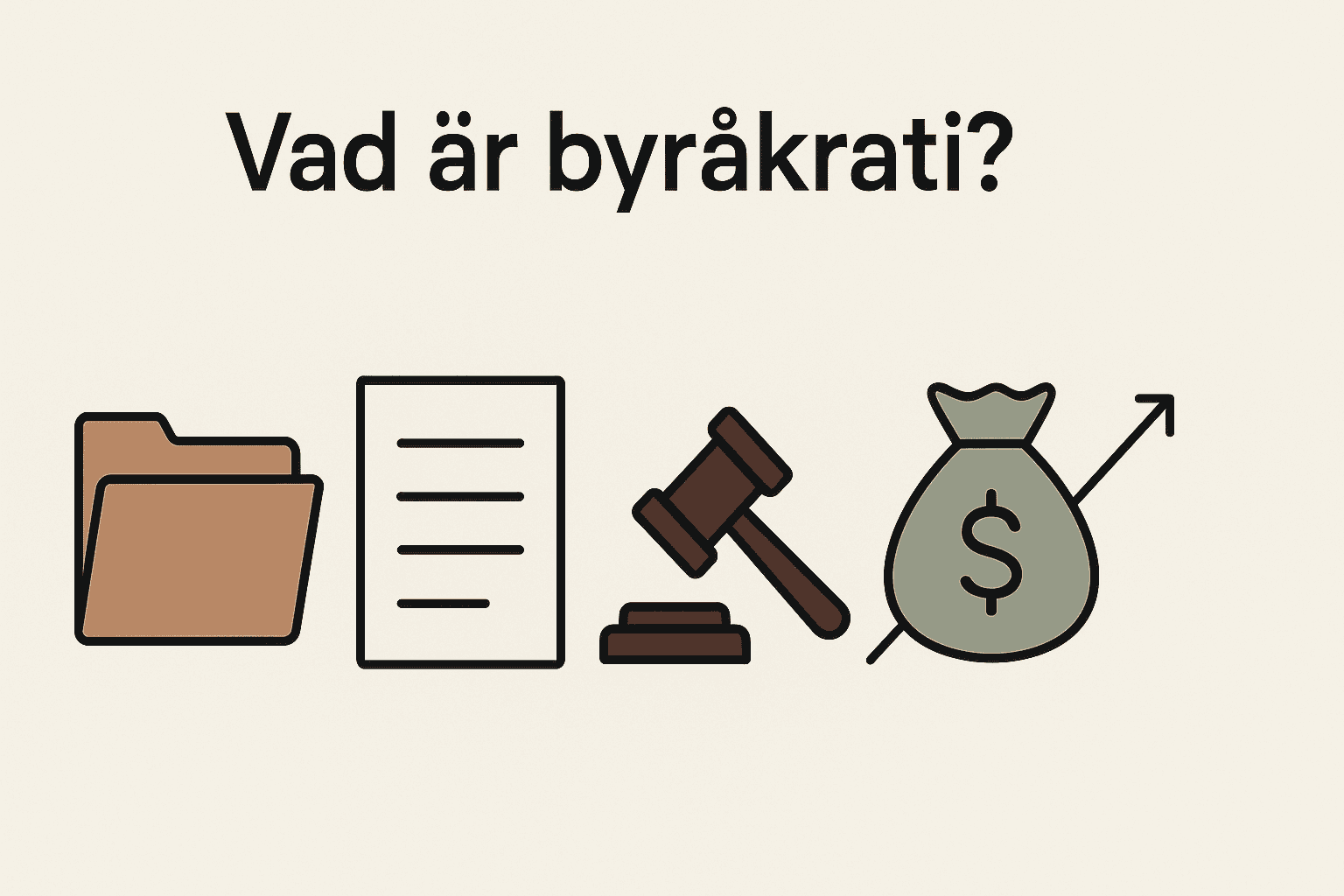 Byråkrati, vad är det? – Definition och förklaring av byråkrati 1 Samuelssons Rapport En illustration som förklarar byråkrati med hjälp av en filmapåse, ett dokument, en domarklubba och en pengapåse med en uppåtgående pil, alla i minimalistiska ikoner.