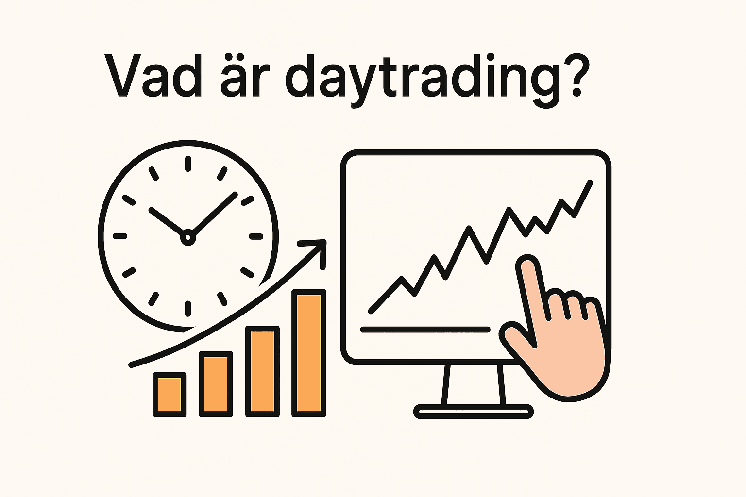 Minimalistisk illustration med klocka, aktiediagram och hand som klickar på skärm – symboliserar daytrading.