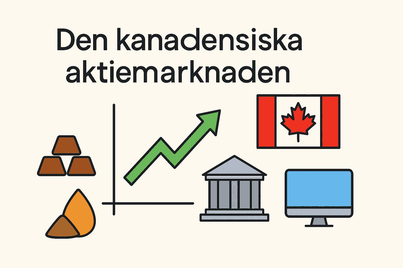 Kanadensiska aktier – De bästa och mest köpvärda aktierna på Toronto Stock Exchange 1 Samuelssons Rapport Illustration av den kanadensiska aktiemarknaden med flagga, råvaror, bank, teknik och börsgraf.