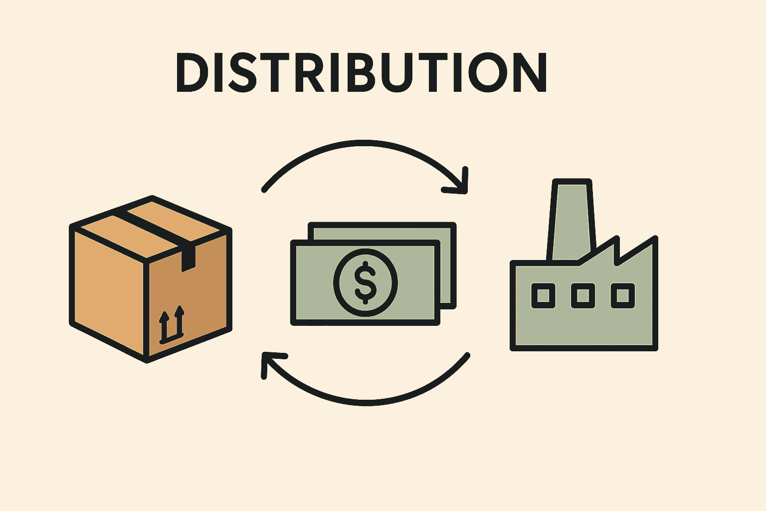 Illustration av distribution med fabrik, pengar och kartong kopplade med pilar som visar varuflöde och kapitalrörelse.