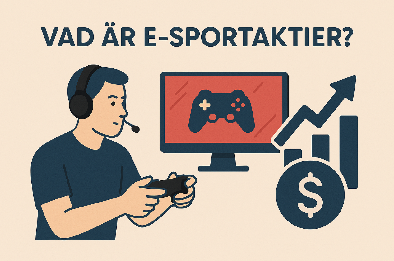 E-sportaktier 2025, bästa gamingaktierna, investera i gaming, vad är e-sportaktier, illustration av gamer och aktiegraf.