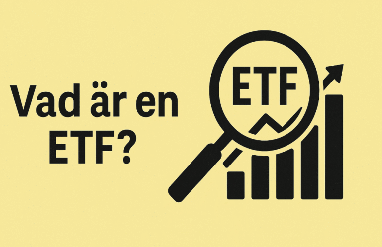 En grafisk illustration som visar texten "Vad är en ETF?" bredvid ett förstoringsglas och ett stapeldiagram med en uppåtgående pil, mot en ljusgul bakgrund.
