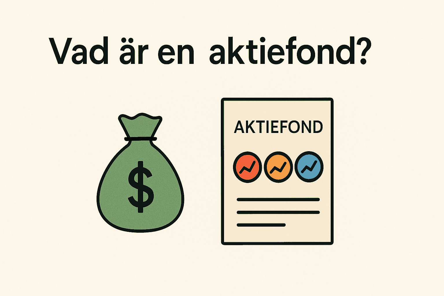 Aktiefonder: Vad Är Det och Hur Hittar Man den Bästa Aktiefonden? 1 Samuelssons Rapport Minimalistisk illustration som förklarar vad en aktiefond är, med pengapåse och fonddokument med aktiegrafer.