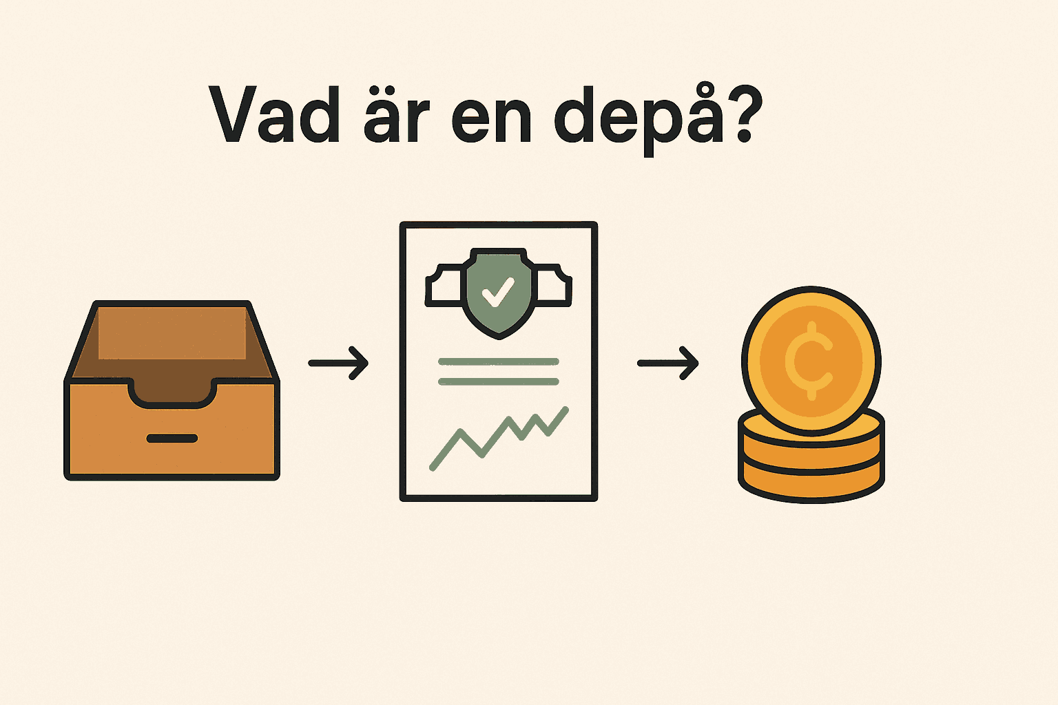 Depå – Vad är det? En komplett guide till depåer för investeringar 1 Samuelssons Rapport Minimalistisk infographic som visar vad en depå är med bilder på förvaringslåda, värdepapper och myntstapel i sekvens.