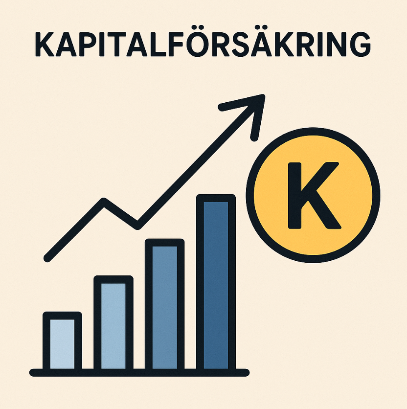 Illustration med texten "KAPITALFÖRSÄKRING" ovanför ett blått stapeldiagram med en uppåtgående pil och ett gult mynt märkt med bokstaven K.