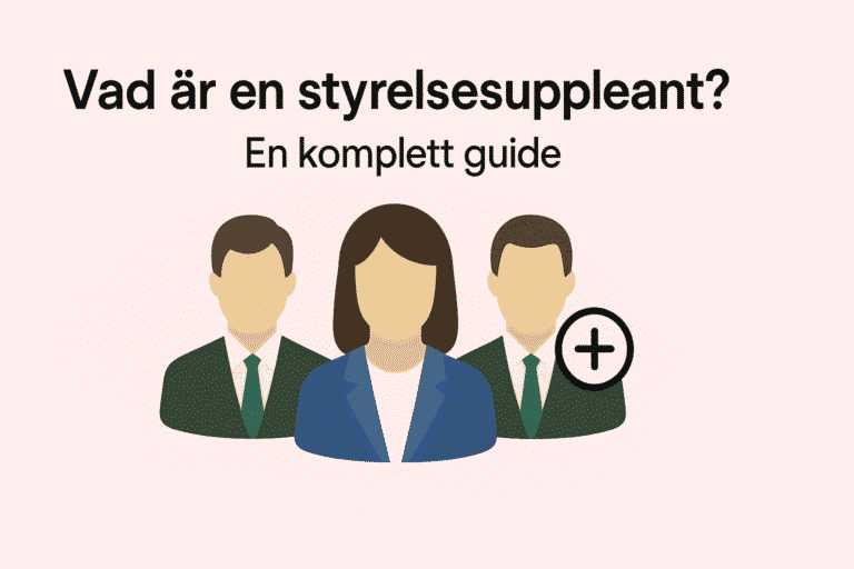 Minimalistisk svensk illustration med texten Vad är en styrelsesuppleant? En komplett guide samt tre ikoner av styrelsepersoner och en plus-symbol.