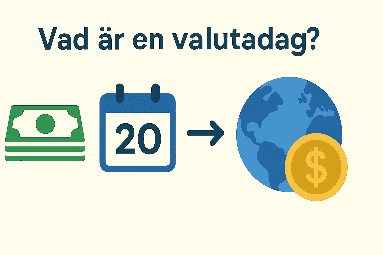 Minimalistisk illustration som visar valutadag med symboler för pengar, kalender och en jordglob med dollartecken.