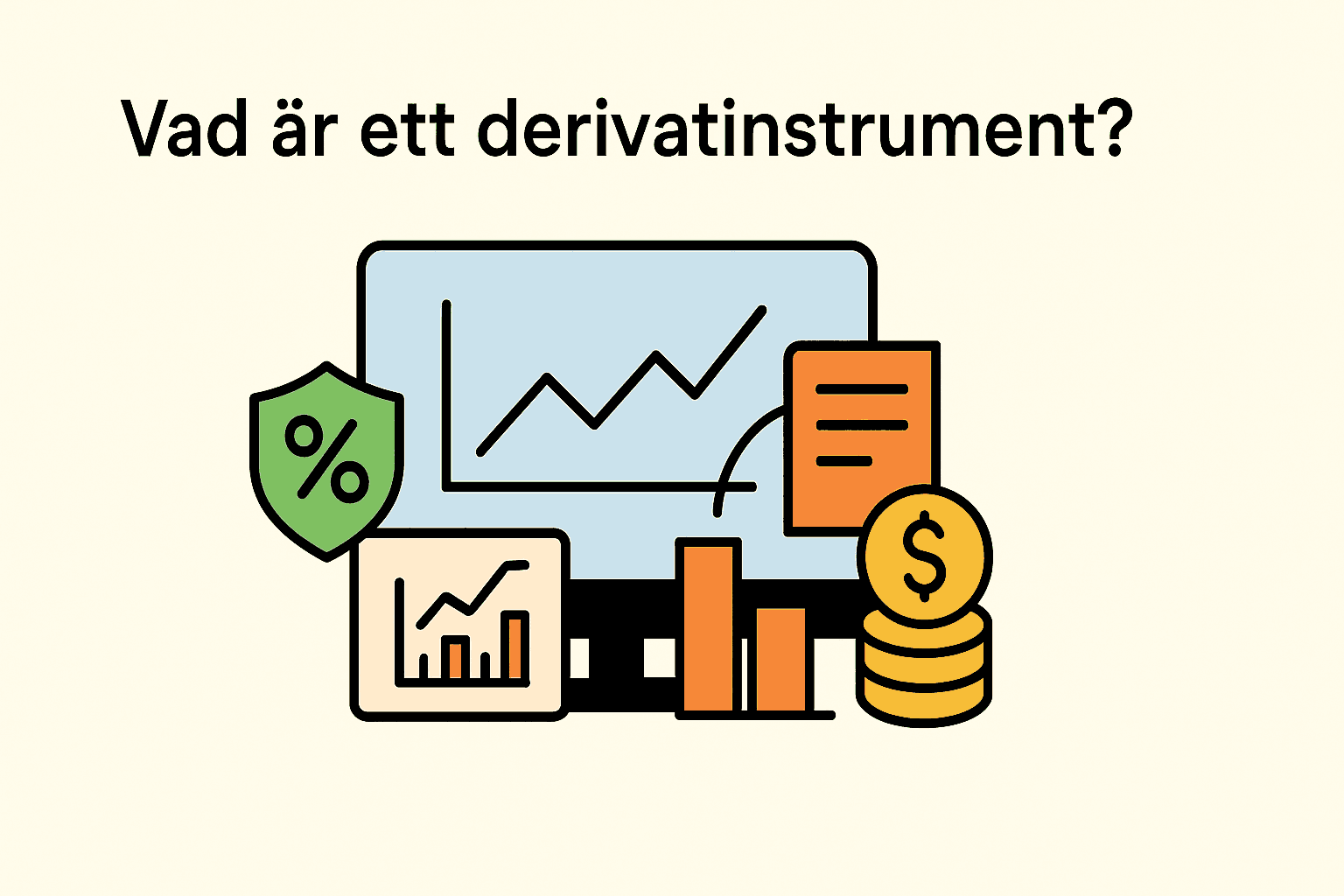 Derivat – Vad är det? Förklaring och definition av derivatinstrument 1 Samuelssons Rapport Illustration som visar grafer, ett procent-tecken på en sköld, mynt och ett kontrakt för att förklara derivatinstrument.