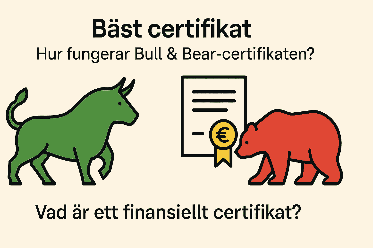 Minimalistisk illustration med en grön tjur, ett certifikat och en röd björn, med frågor om Bull & Bear-certifikat och finansiella certifikat.