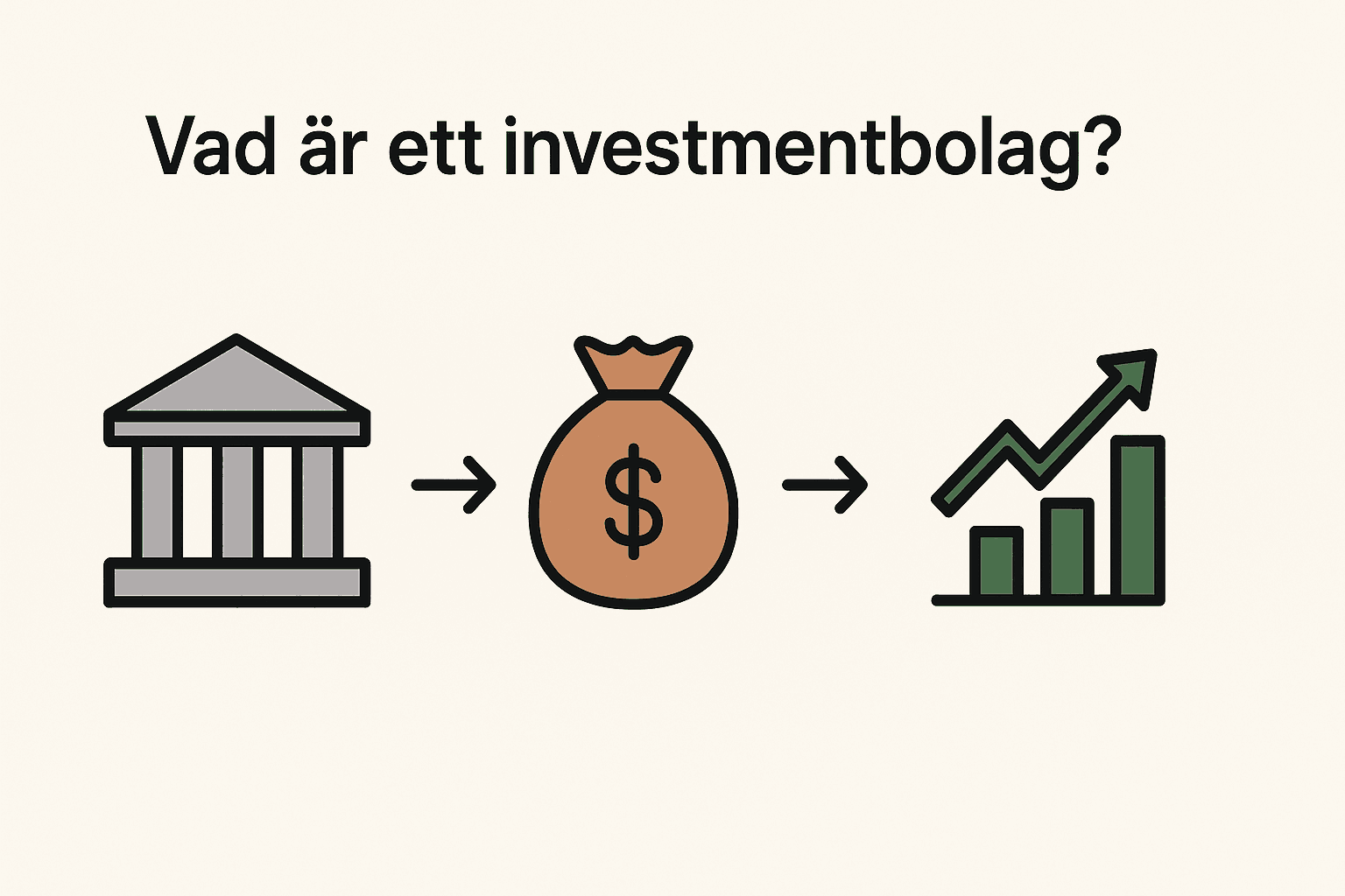 Minimalistisk illustration som visar investmentbolag med symboler för institution, pengar och tillväxt.