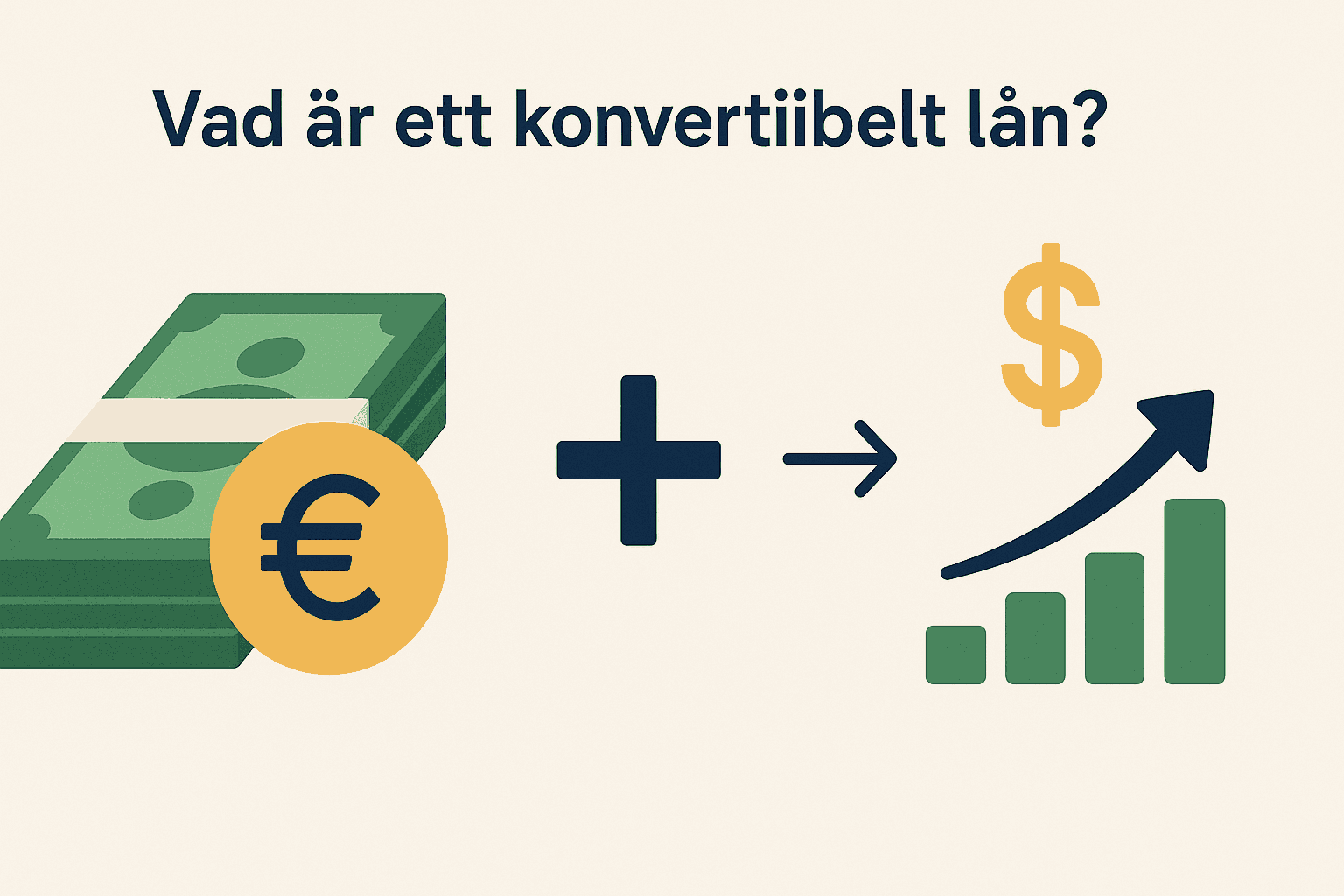 Illustration som visar hur ett konvertibelt lån fungerar – pengar + aktiepotential = investeringstillväxt.