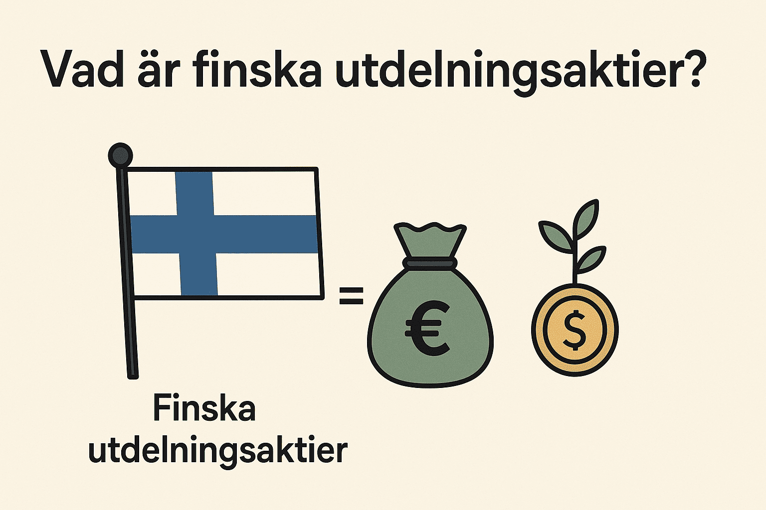 Finska utdelningsaktier – Bästa aktierna på Helsingforsbörsen 1 Samuelssons Rapport Minimalistisk illustration med Finlands flagga, en pengasäck med euro-symbol och ett växande mynt som symboliserar finska utdelningsaktier.