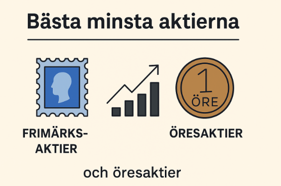 En infografik med rubriken "Bästa minsta aktierna" som visar symboler för ett frimärke (frimärksaktier), en stigande graf och ett ettöresmynt (öresaktier).