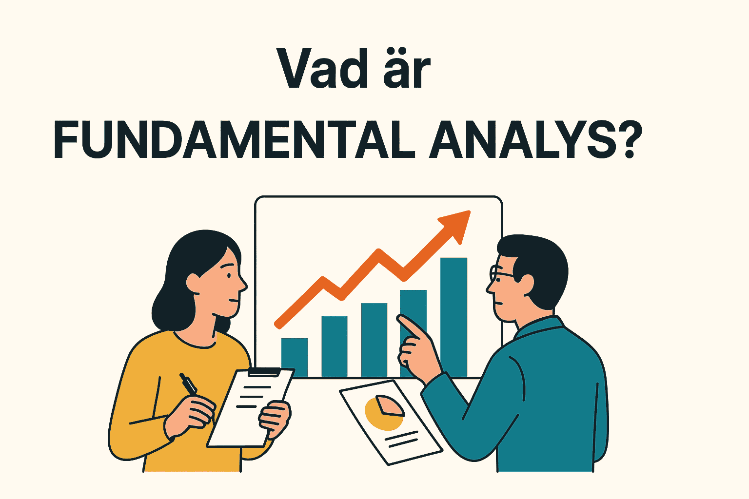 Fundamental Analys – En ny enkel guide till att analysera fundamentalt starka aktier 1 Samuelssons Rapport Illustration med två personer som analyserar ett uppåtgående diagram och texten Vad är fundamental analys?