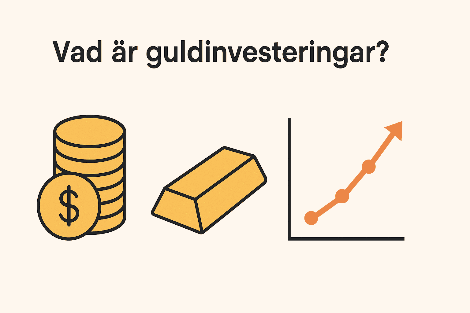 Minimalistisk illustration som visar guldinvesteringar med symboler för guldtackor, mynt och stigande värde.
