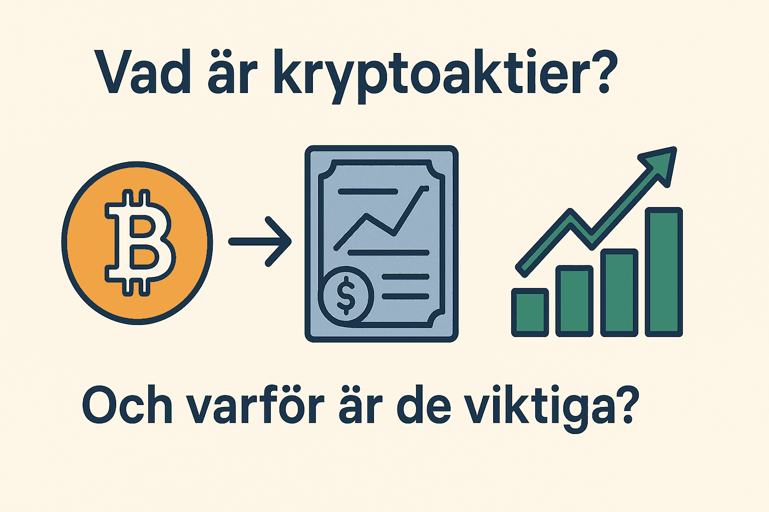 Minimalistisk illustration som visar Bitcoin-symbol, ett aktiecertifikat och en växande stapelgraf med texten "Vad är kryptoaktier? Och varför är de viktiga?".