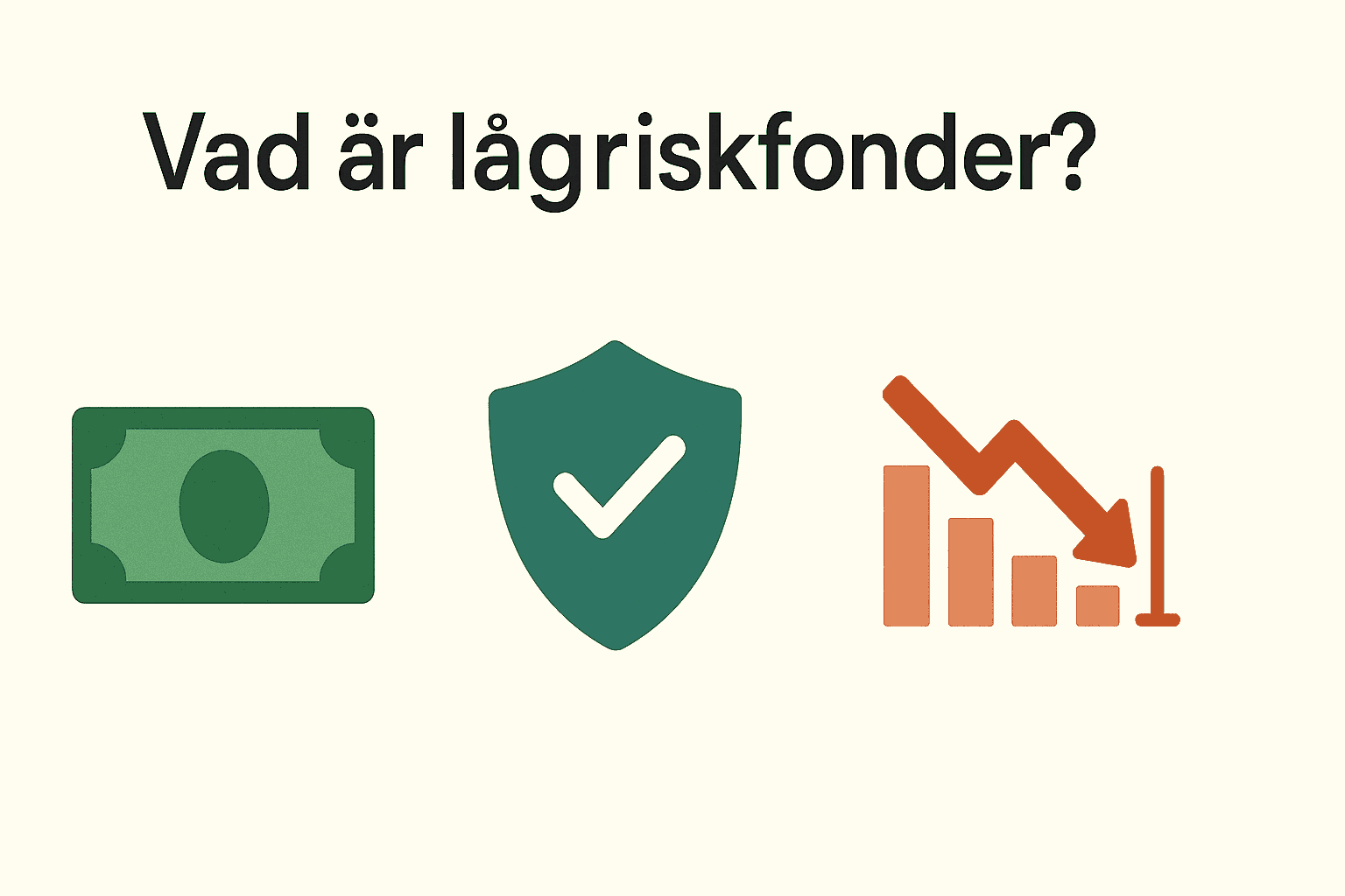Lågriskfonder - Hitta bra fonder med låg risk 1 Samuelssons Rapport Minimalistisk illustration som visar lågriskfonder med symboler för pengar, skydd och låg risk.