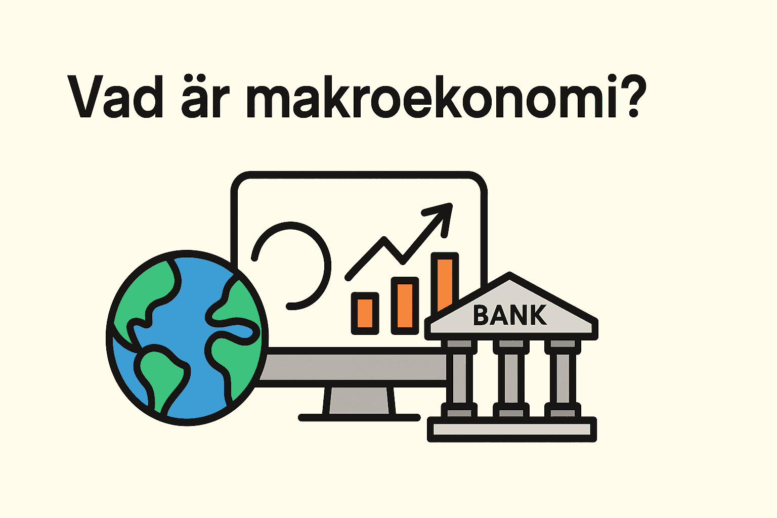 Illustration som visar ett klot, ett bankhus och ett växande stapeldiagram framför en datorskärm med frågan Vad är makroekonomi?