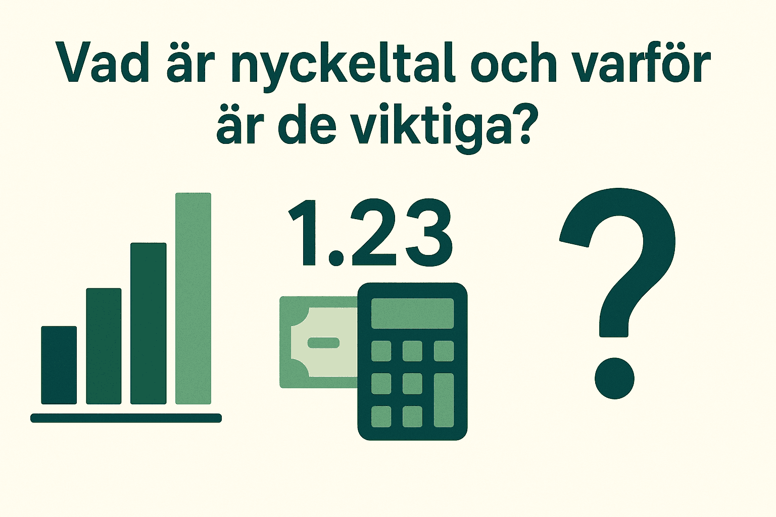 Infografik som visar stapeldiagram, siffror och miniräknare för att symbolisera nyckeltal och deras betydelse för finansiell analys.