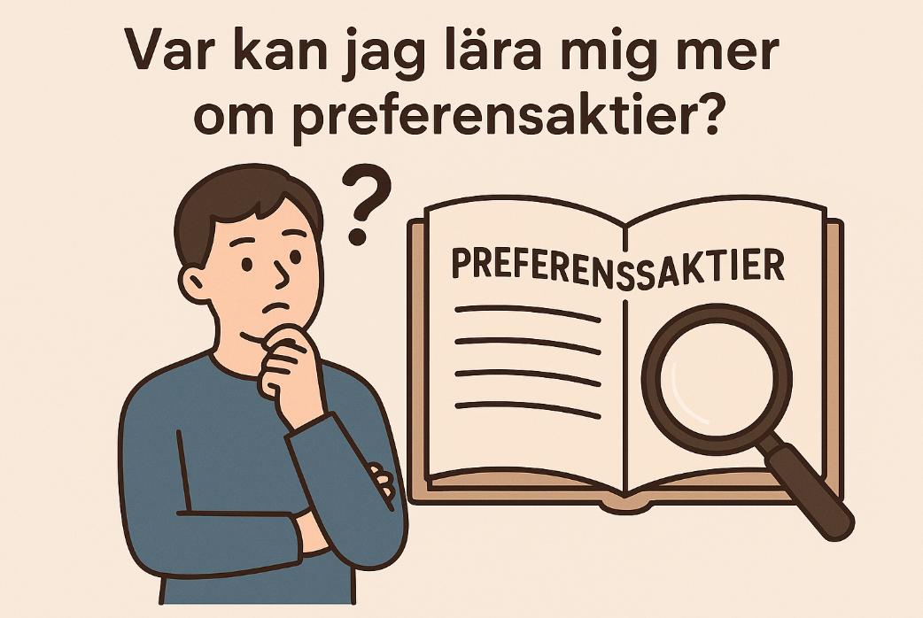 Illustration av en person som funderar på var man kan lära sig mer om preferensaktier, med en öppen bok och ett förstoringsglas som symboliserar en komplett guide.