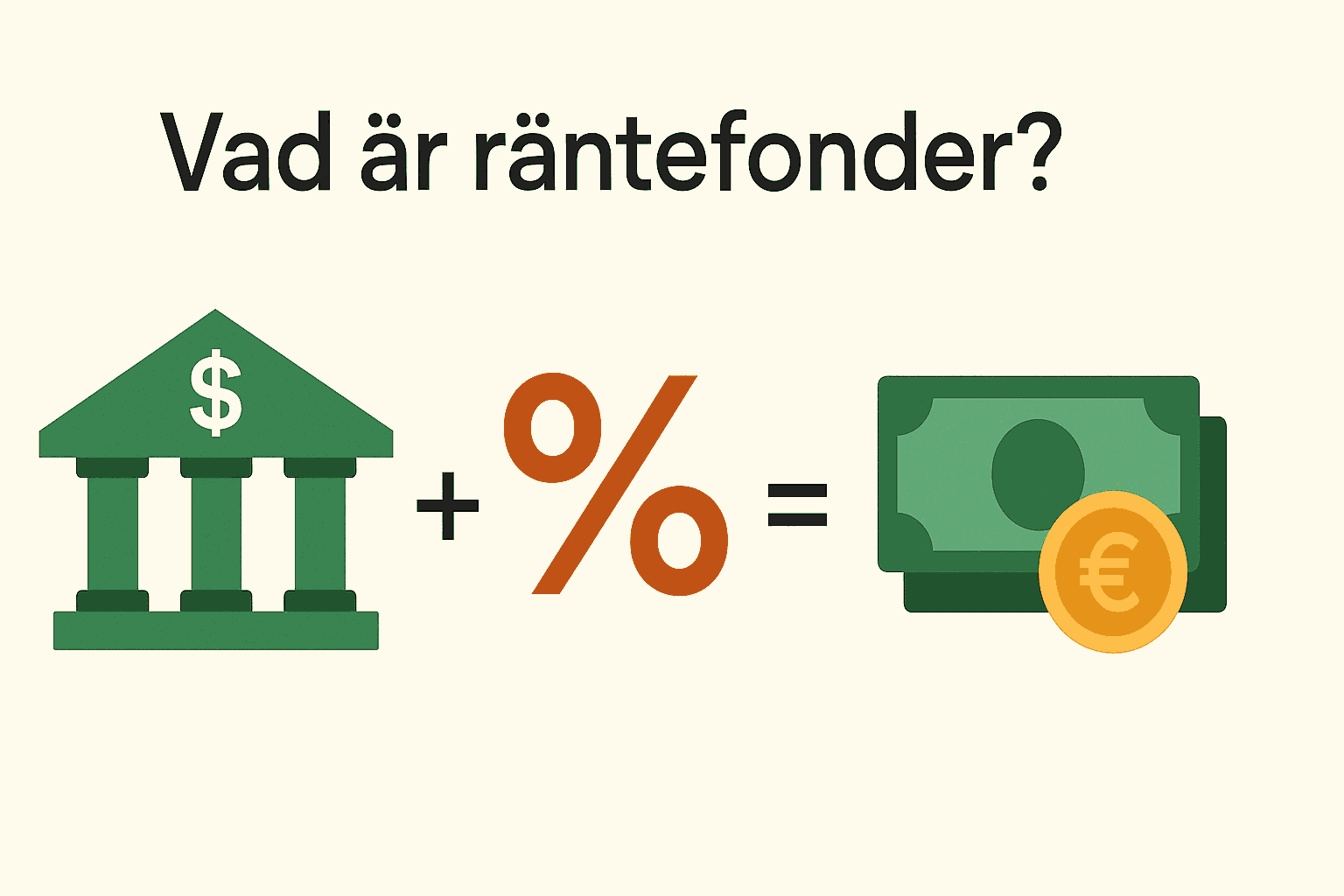 Svenska räntefonder – 11 populära alternativ och guide till de bäst 1 Samuelssons Rapport Minimalistisk illustration som visar räntefonder med symboler för bank, procent och pengar.