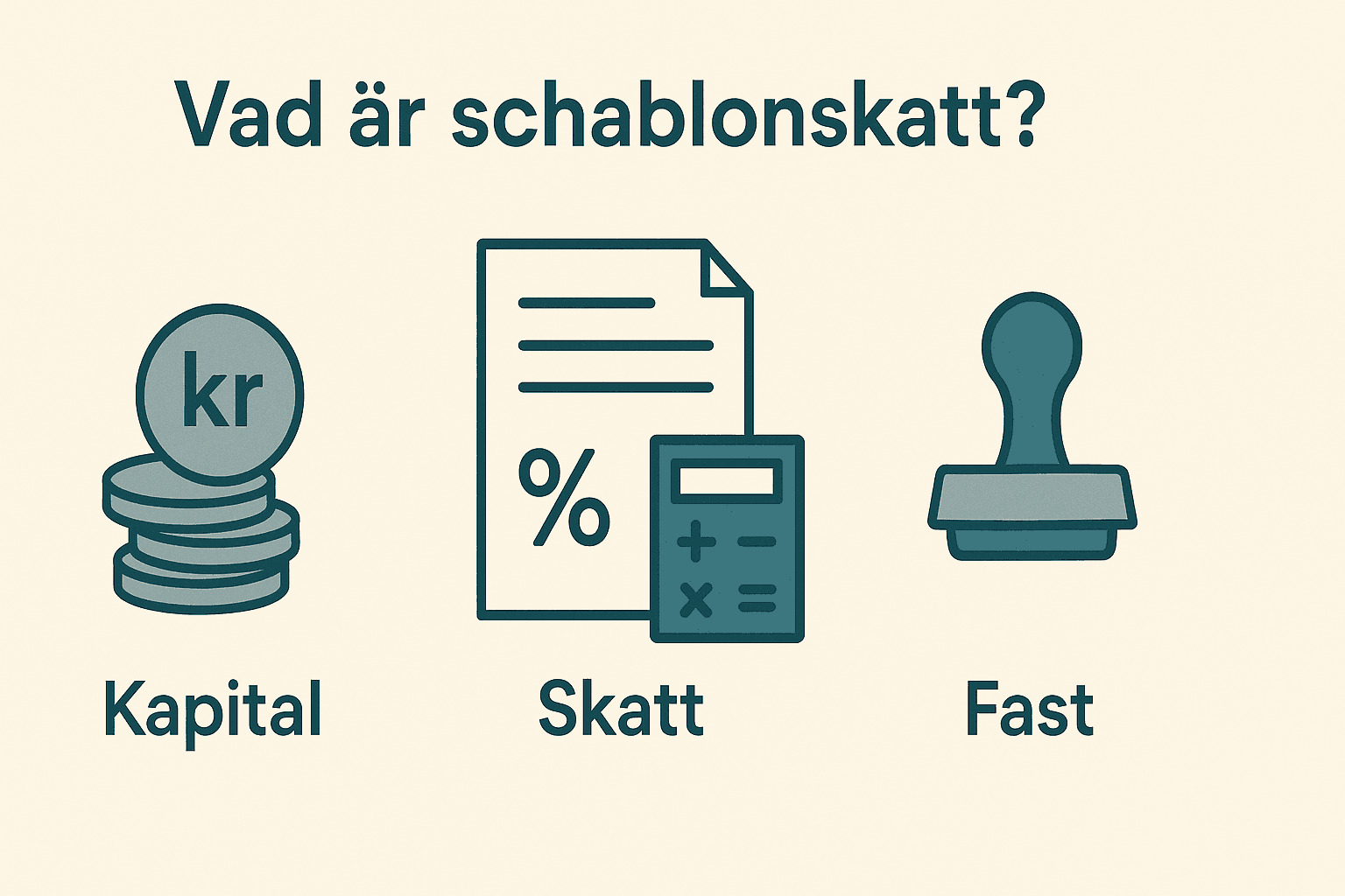 Minimalistisk illustration som förklarar schablonskatt med ikoner för kapital, procentuell skatt och fast procentsats.