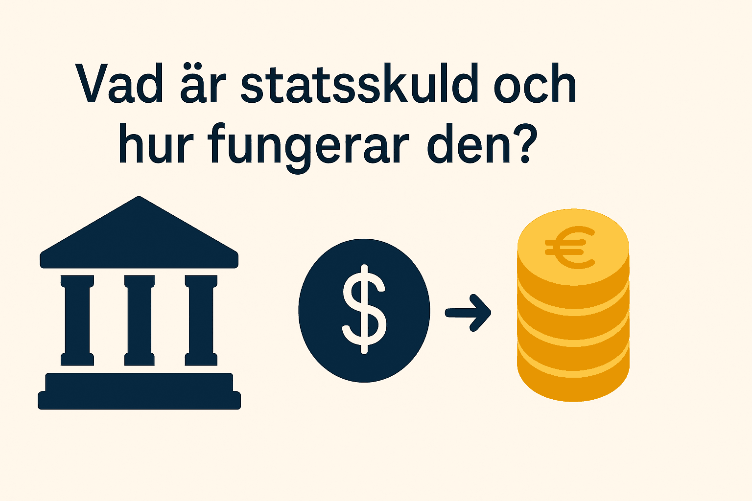 Statsskuld – Allt du behöver veta om Sveriges statsskuld 1 Samuelssons Rapport Minimalistisk illustration som förklarar statsskuld med ikoner för stat, pengar och skulder.