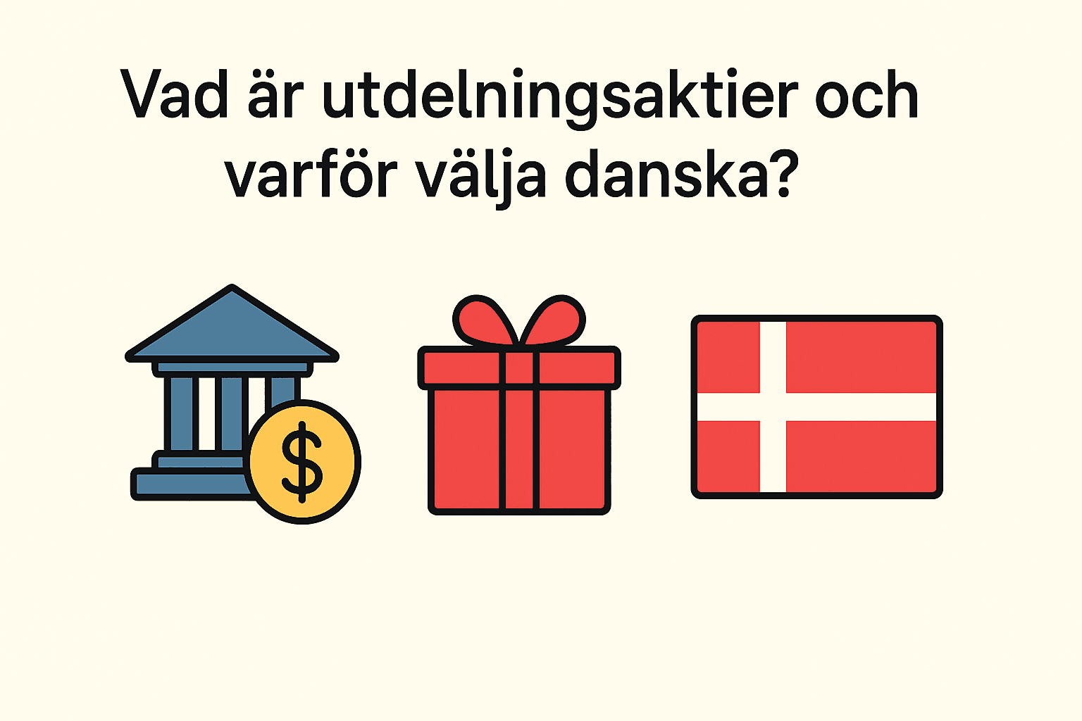 Danska Utdelningsaktier – Din Guide till Investeringar i Danmark 1 Samuelssons Rapport Enkel bild som förklarar vad utdelningsaktier är och varför välja danska, med symboler för bank, present och dansk flagga.