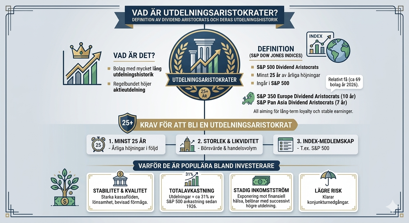 Infografik som definierar utdelningsaristokrater med krav på 25 år av årliga utdelningshöjningar, stabilitet och inkludering i S&P 500.
