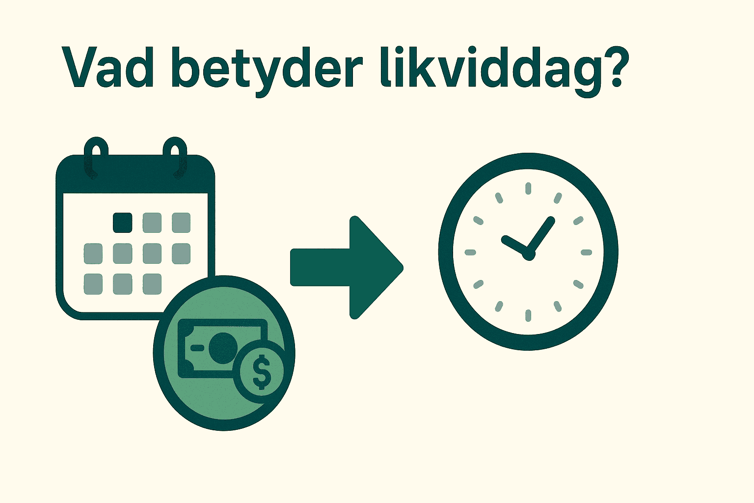 Illustration som visar ett datum, pengar och en klocka för att symbolisera likviddag – när pengarna faktiskt byter ägare.
