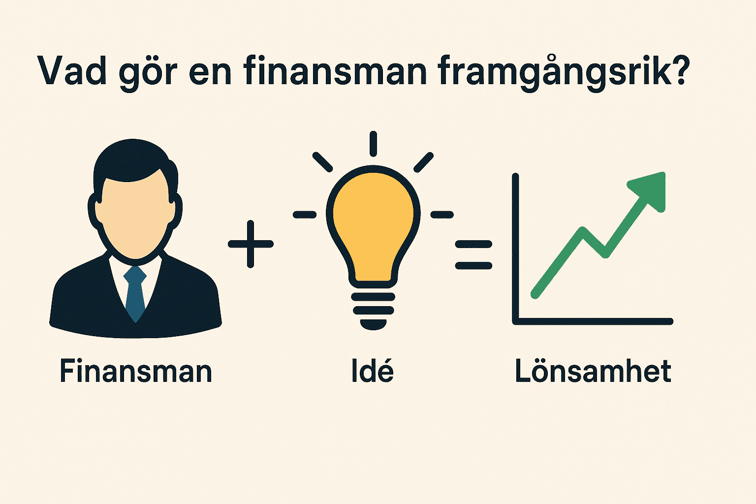 Infographic som visar vad som gör en finansman framgångsrik med symboler för person, idé och lönsamhet.
