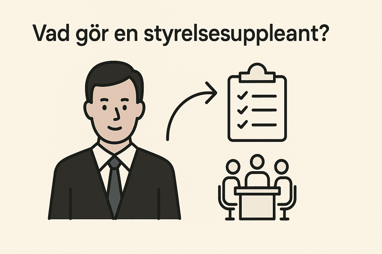 Vad är en styrelsesuppleant? En komplett guide 1 Samuelssons Rapport Minimalistisk illustration som visar en styrelsesuppleants roll med ikoner för person, uppgifter och styrelsemöte.