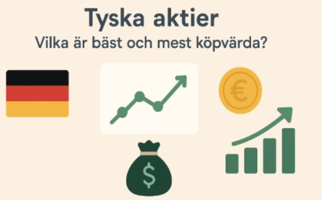 En infografik med titeln ”VAD GÖR TYSKA AKTIER SÅ ATTRAKTIVA?” som listar tre punkter: Europas största ekonomi, globala marknadsledare och en stark utdelningskultur.