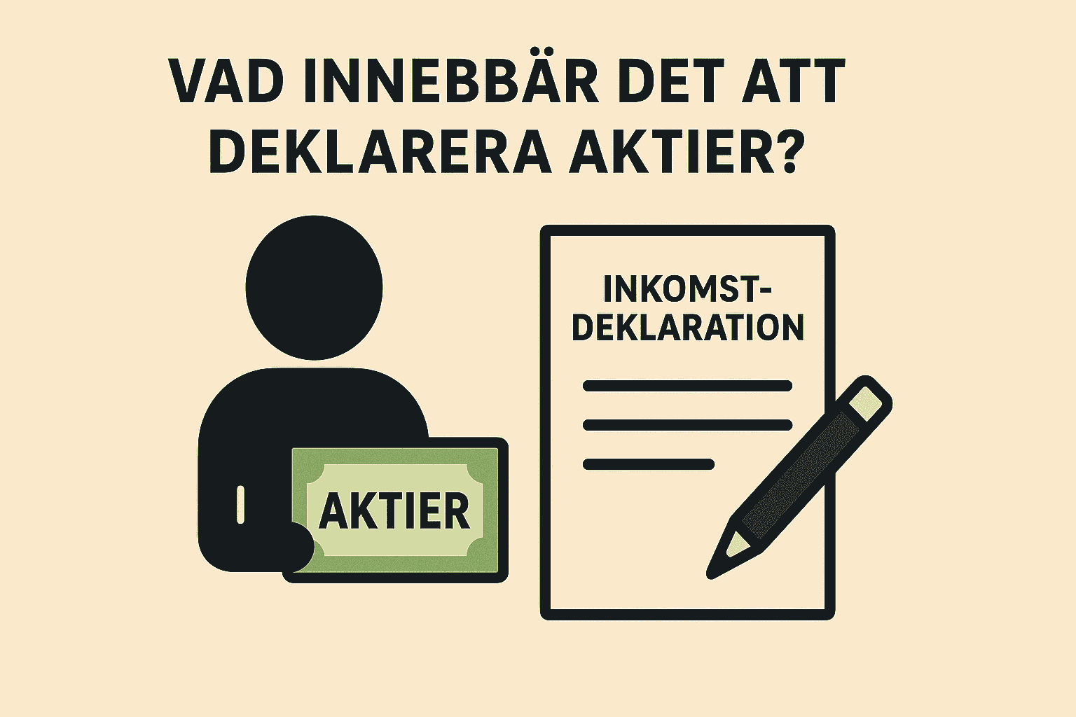 Vad händer om man inte deklarerar aktier? En komplett guide till påföljder och regler 1 Samuelssons Rapport Illustration av en person som håller aktier bredvid en inkomstdeklaration med penna, symboliserar deklaration av aktieaffärer.