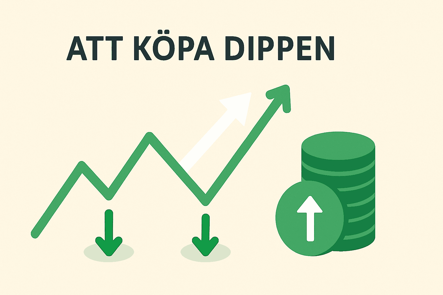 Köp dippar framgångsrikt med XACT Bull eller OMX30 – Komplett guide 1 Samuelssons Rapport Minimalist infographic som visar ett grönt zigzag-diagram med nedåtpilar vid bottnarna, en vit uppåtpil och staplade mynt som symboliserar att köpa dippen.