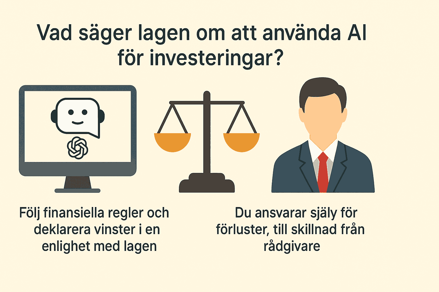 ChatGPT och aktier: Din guide till smarta investeringar 2 Samuelssons Rapport Infografik som visar att AI-verktyg inte omfattas av rådgivaransvar, och att användaren själv ansvarar för investeringar och deklaration.