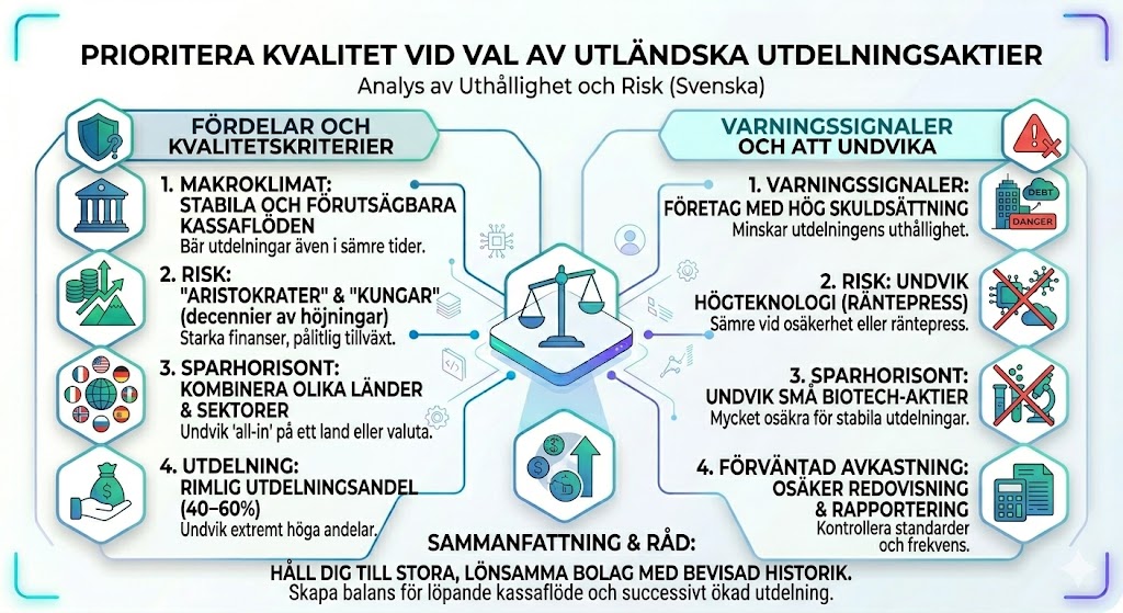 Utländska utdelningsaktier 2026 – Bästa aktierna, skatt, risker och strategi 2 Samuelssons Rapport En omfattande infografik på svenska med titeln ”Prioritera kvalitet vid val av utländska utdelningsaktier” som jämför fördelar och kvalitetskriterier mot varningssignaler vid globala investeringar.