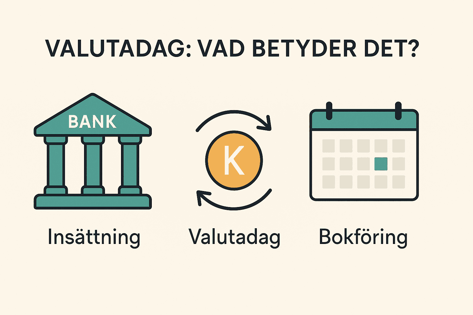 Dina Pengar 213 Samuelssons Rapport Infografik som förklarar valutadag med tre ikoner: en bank för insättning, ett mynt med pilar för valutadag och en kalender för bokföring.