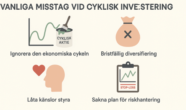 vanliga misstag vid cyklisk investering, risker med cykliska aktier i år, undvik investeringsfel, diversifiering cykliska bolag, stop-loss strategi.