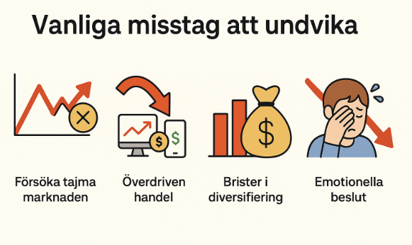 Aktieinvestering, misstag, tajma marknaden, överdriven handel, diversifiering, känslomässiga beslut, börsen, spara, investera, undvika