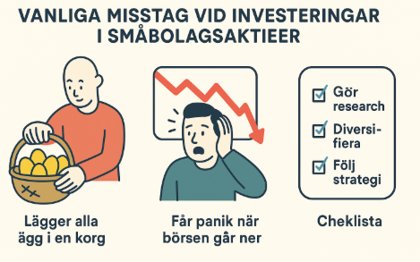 vanliga misstag vid investeringar i småbolagsaktier, illustration av riskspridning, börspanik och checklista för investeringsstrategi.