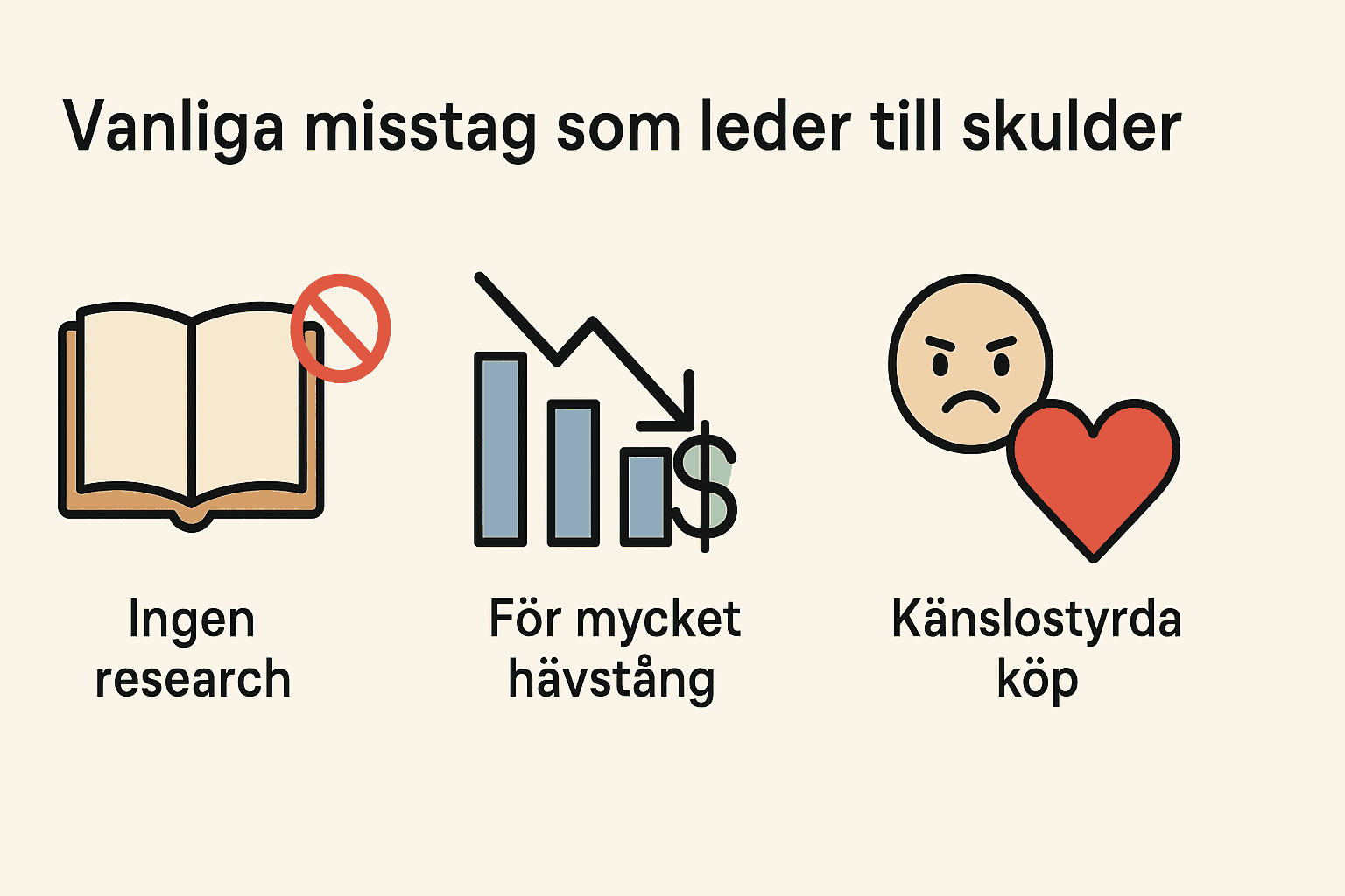 Infografik som visar tre vanliga misstag som kan leda till skuld: ingen research, för mycket hävstång och känslostyrda köp.