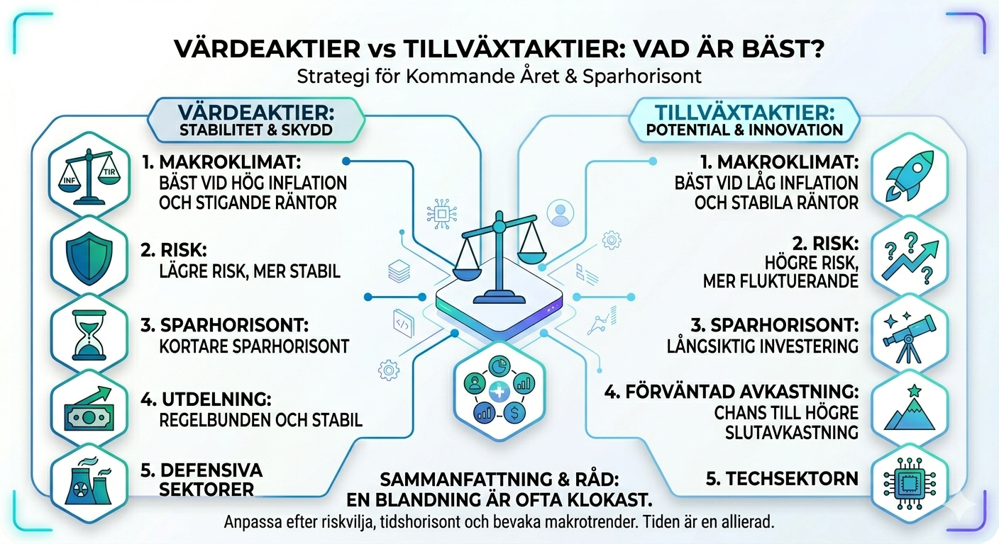 Värdeaktier vs Tillväxtaktier 2026 – Skillnader, Avkastning och Bästa Strategin 3 Samuelssons Rapport En jämförande infografik med rubriken "Värdeaktier vs Tillväxtaktier: Vad är bäst?" som listar faktorer som makroklimat, risk, sparhorisont och utdelning för båda strategierna.