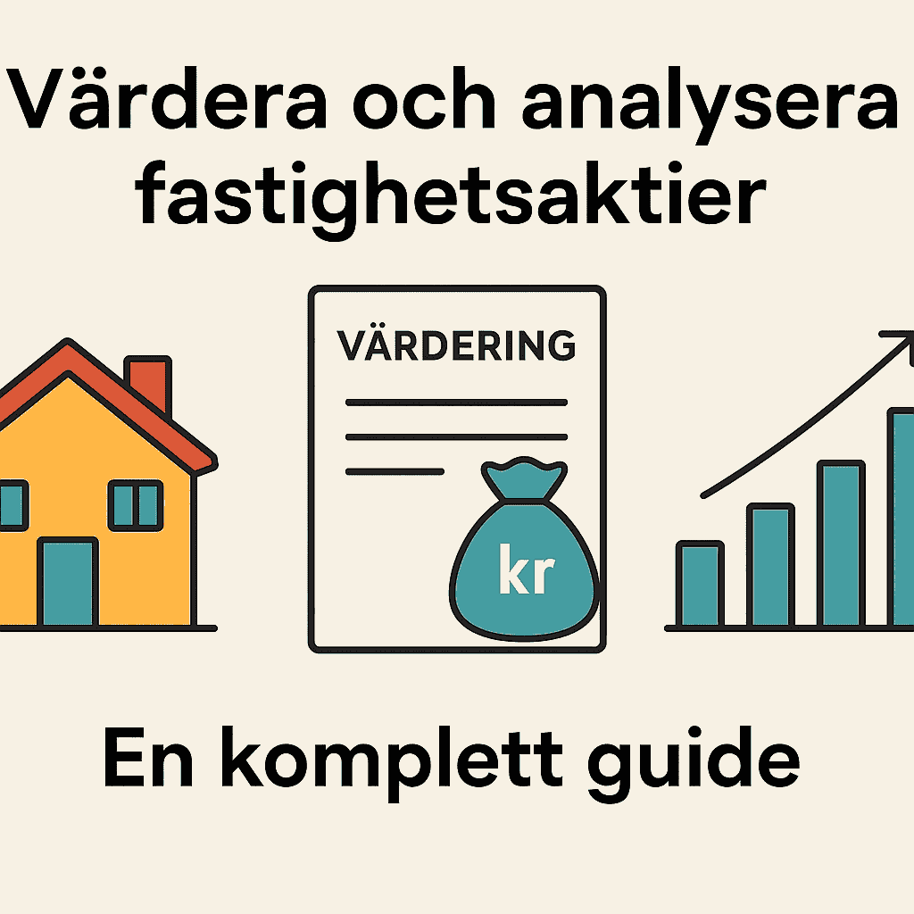 Dina Pengar 322 Samuelssons Rapport Infografik med ett hus, ett värderingsdokument och ett stapeldiagram som illustrerar analys av fastighetsaktier.