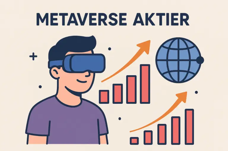 En illustration som visar en person med VR-headset, en jordglob och stigande aktiegrafer med texten "Metaverse Aktier"