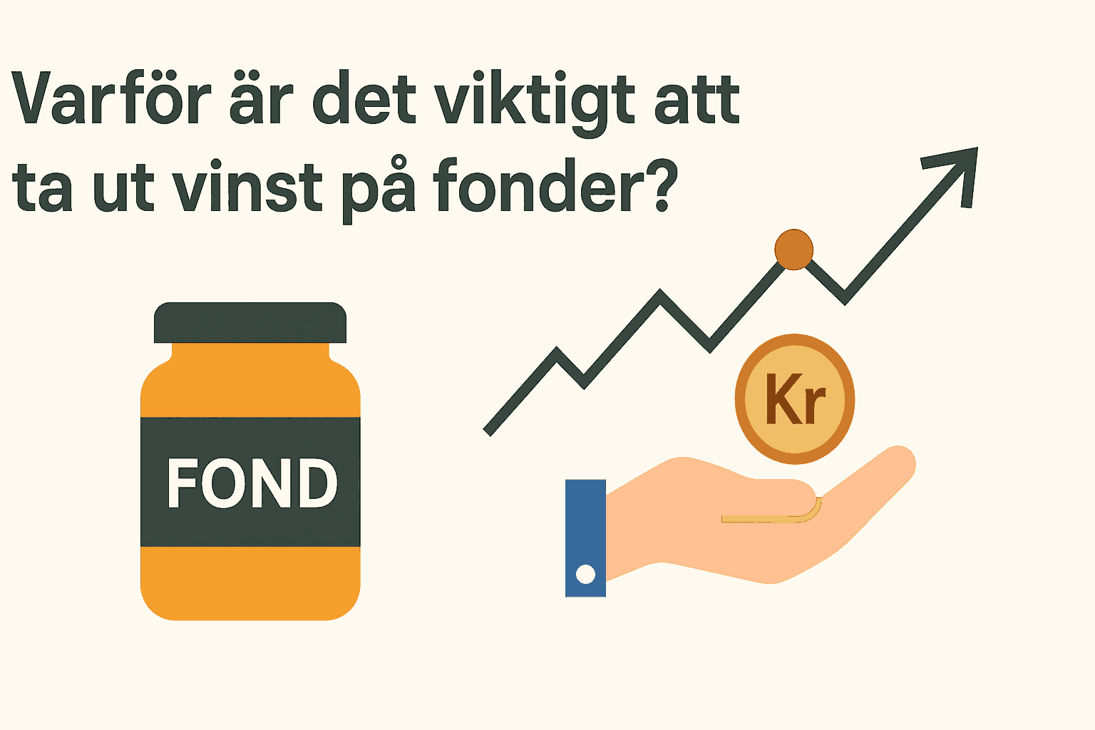 När ska man ta ut vinst på fonder? – Guide för svenska investerare 1 Samuelssons Rapport Illustration som visar vinstuttag från fond när kursen stigit, med fondburk, graf och hand med krona.