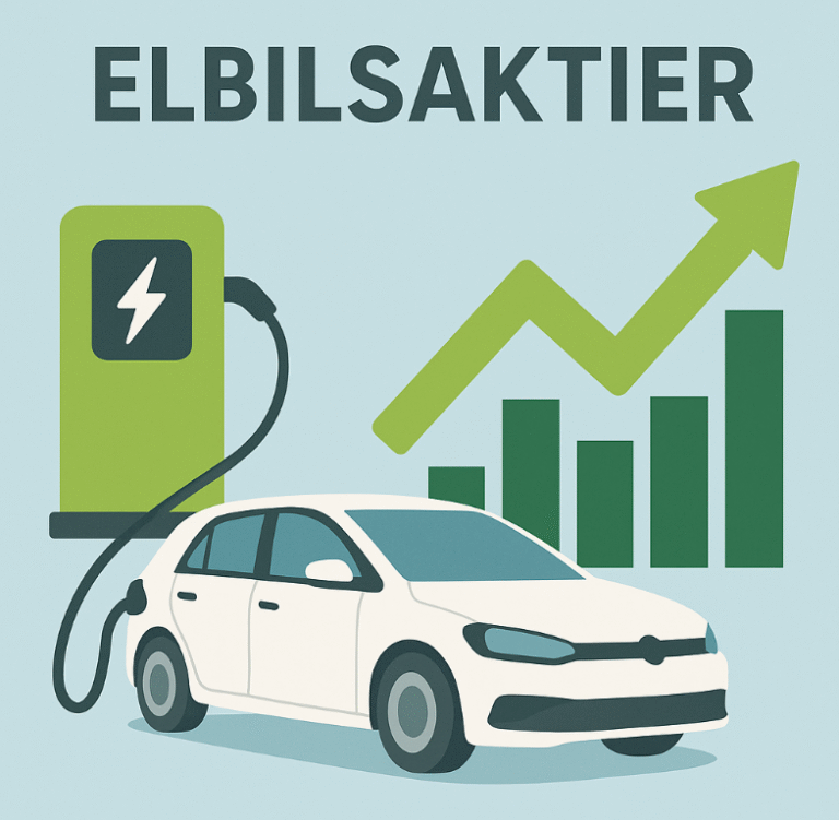 En infografik som visar en vit elbil vid en laddstation med ett stigande grönt stapeldiagram och pil i bakgrunden, illustrerande tillväxten för elbilsaktier