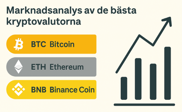 En samling digitala mynt som Bitcoin, Ethereum och Solana med en stigande kursgraf i bakgrunden.